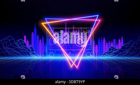 Retro futuristic abstract background. Synthwave 80s style poster. Neon triangle, 3d laser grid, audio signal waveform, compact cassette, wireframe Stock Vector