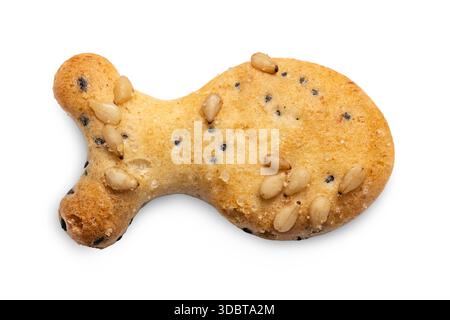 Fish Shaped Cheese and Seeds Crackers isolated on a White Background Stock Photo