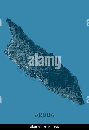 Map of Aruba, set against a teal background. The island's shape is clearly defined, with intricate white lines illustrating the road network Stock Vector