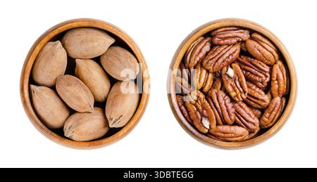Pecans, in their shells and shelled nut halves, in wooden bowls. Dried, raw seeds and fruits of the pecan tree, Carya illinoinensis. Stock Photo