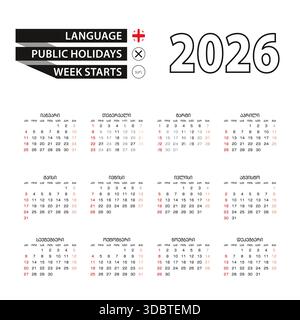 Calendar 2026 in Georgian language, week starts on Monday. Vector ...