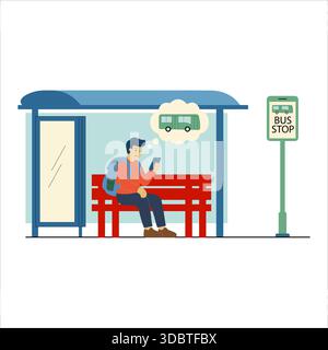Flat vector illustration of a commuter sitting on a red bench at a bus stop. He checks his smartphone while thinking about the arriving bus. Stock Vector