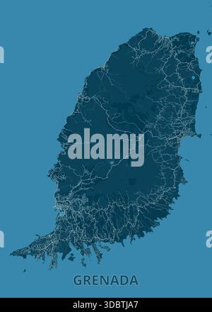 map of Grenada is presented in shades of blue. The island's topography is illustrated with darker blue for land and lighter blue for water features Stock Vector