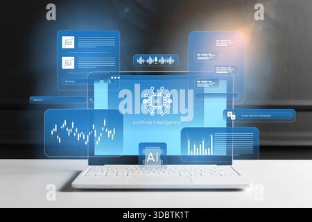 Exploring artificial intelligence on a laptop with data graphs and sound waves displayed Stock Photo