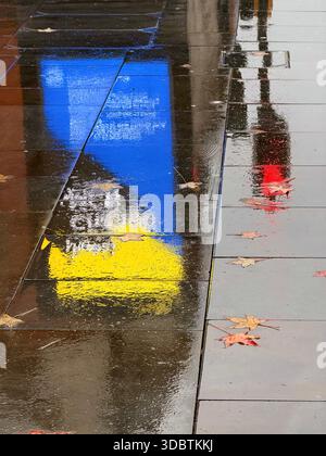 Illuminated sign and red traffic light reflected on wet pavement with fallen autumn leaves in Manchester Stock Photo