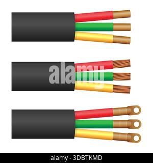 Electrical cables with copper terminations. Solid, stranded and ring terminal wires isolated on white Stock Vector