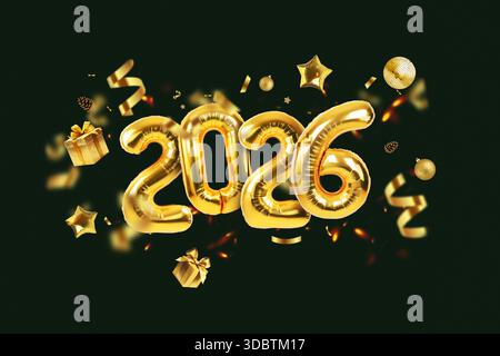 Golden 2026 Foil Balloons Centered Amidst Falling Confetti, Gifts, And Holiday Ornaments On A Dark Background. Festive, Luxurious Concept For New Year Stock Photo