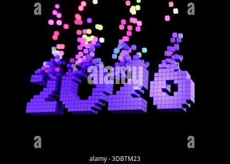 Purple Pixelated 2026 Text With Vibrant, Multi-colored Square Particles Cascading From The Top, Set Against A Dark, Minimal Background. Concept For Di Stock Photo
