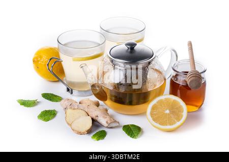 Ginger tea with honey and lemon in a cup isolated on white background Stock Photo