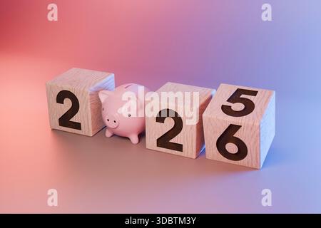 Financial Plan For 2026. A Small Piggy Bank Standing Between Wooden Blocks Displaying The Date. Concept For Savings, Investment, Budget Planning, And Stock Photo