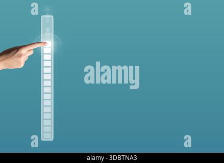Loading bar background. Human hand pointing on digital interface, symbol of AI innovation, data upload, online progress, and modern technology process Stock Photo