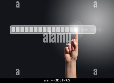 Loading bar interface. Female hand touching digital screen in cyberspace, symbol of AI technology, innovation, software development, data transfer, an Stock Photo