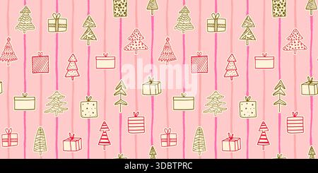 Pink Christmas seamless vector pattern with trees and presents for wrapping paper, holiday backgrounds and package designs Stock Vector