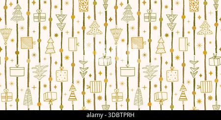 Elegant gold vector Christmas seamless pattern with gift boxes, trees, stripes, dots and sparkle elements for holiday wrapping paper and package desig Stock Vector