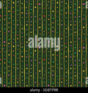 Stars, sparkles and stripes birthday or Christmas vector seamless pattern, cute colorful wrapping paper design Stock Vector