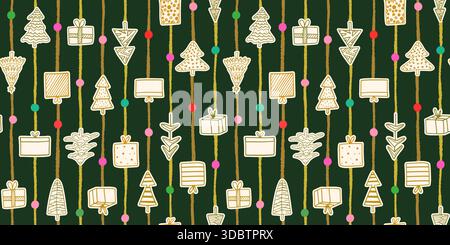 Christmas presents and trees elegant vector seamless pattern with stripes and dots on dark background for holiday designs and banners Stock Vector