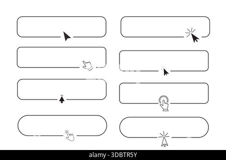 Register now set line frame border with arrow, mouse pointer, Button click here, action for web, simple ui ux design element. Press, search box. Vector illustration Stock Vector