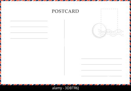 Postcard air mail template with striped border, with stamp, Vintage empty letter, envelope. Retro postage card. Blank template. Vector illustration Stock Vector