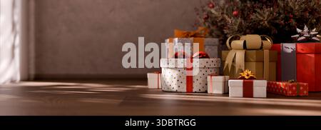 Christmas gifts under the xmas tree at the morning. Beautiful boxes on floor in living room. Stock Photo