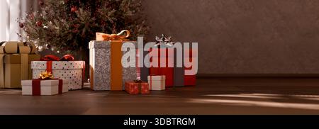 Christmas gifts under the xmas tree at the morning. Beautiful boxes on floor in living room. Stock Photo