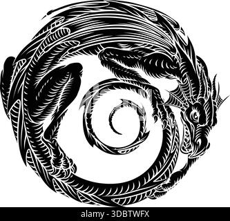 Dragon Circle Vintage Woodcut Myth Fantasy Design Stock Vector
