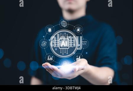 AI, artificial intelligence concept. A hand holding a glowing AI icon surrounded by futuristic interface elements and technology-related symbols, repr Stock Photo