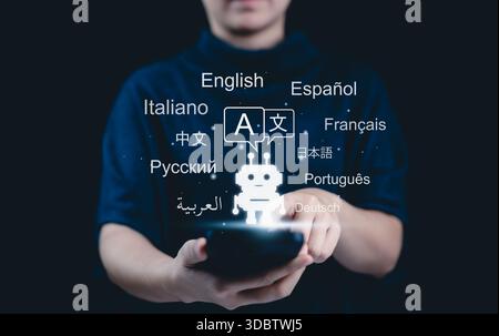 AI-Powered Language Translate App Concept. A woman holds smartphone displaying an AI powered language translation app. Screen features robot and multi Stock Photo