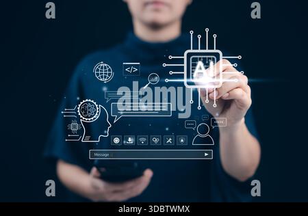 Artificial intelligence and chat AI technology concept. A hand interacting with a virtual AI interface featuring icons related to machine learning, ch Stock Photo