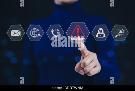 Cybersecurity scam alert warning concept. Cyber security scam alert, featuring icons for email, internet, calls, hacking, warnings, fraud detection, f Stock Photo