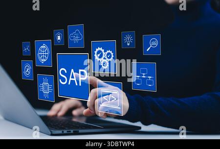 Business process automation and management software concept. SAP System Application Products, A person presents SAP related technology icons, business Stock Photo