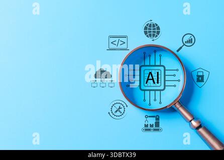 Artificial intelligence and technology innovation concept. Magnifying glass over AI chip with virtual icons for artificial intelligence, data processi Stock Photo