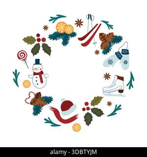 Round frame, wreath, garland with winter holidays design elements: fir branches, snowman, star anise, skis, mittens, skates, oranges, winter clothes Stock Vector