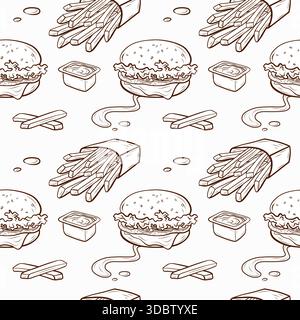 A seamless pattern featuring burgers, fries, sauces, and various fast food elements, created using a digital outline style with subtle etching. Stock Vector