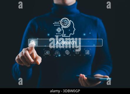 AI Search Interface and Smart Technology Concept. A person interacts with AI search bar and digital icon, machine learning, data networks, and global Stock Photo