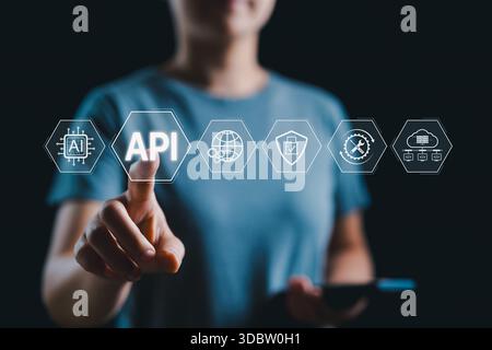 API, Application Programming Interface Concept. A person interacts with API icon, representing application programming interface integration, data acc Stock Photo
