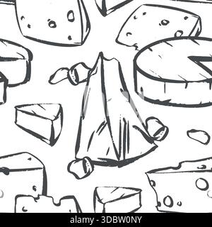 Vector pattern with various cheeses: Swiss, soft Camembert, Parmesan, Brie, Gouda, and Cheddar. This hand-drawn farmhouse cheese clip art imitates a quick chalk sketch on a blackboard. Stock Vector