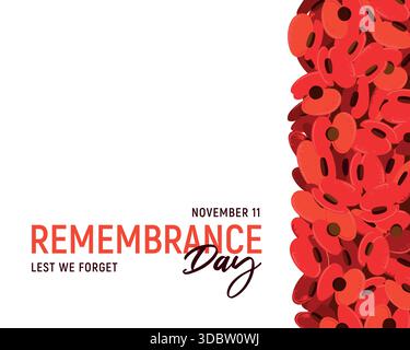 A traditional banner with red flowers for Remembrance Day, celebrated in the UK on November 11. Poppy Day commemorates service members who died in the line of duty. Flat style vector. Stock Vector