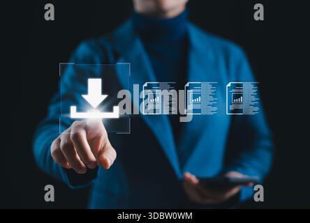 File Download and Data Transfer Concept. Woman tap download icon on smartphone with file icons, symbolizing document file folder downloading, data man Stock Photo