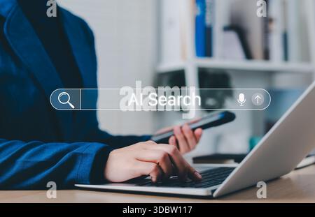 AI Search Engine Technology Concept. Woman use smartphone and laptop with AI search bar interface representing artificial intelligence search tech Stock Photo