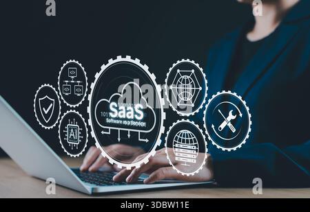 SaaS Concept. Software as a Service Technology. Person using laptop with cloud and gear icon SaaS, cloud computing, software as a service, Stock Photo