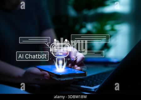 AI chatbot virtual assistant technology concept. Person using smartphone with AI chatbot interface, representing virtual assistant tech, intelligent c Stock Photo
