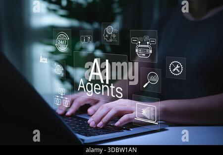 AI Agent Technology for Automation and Virtual Assistance. Person using laptop with AI agents icons, smart assistant, artificial intelligence elements Stock Photo