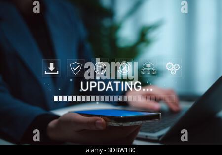 Software update or operating system, update software application upgrade technology concept. updating progress bar, installing app patch, new version Stock Photo