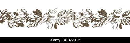 Linear sketch of barberry. Seamless horizontal pattern. Vector illustration of this sour berry. Imitation of an old engraving. Barberry branches lie on a table. Ink drawing. Stock Vector