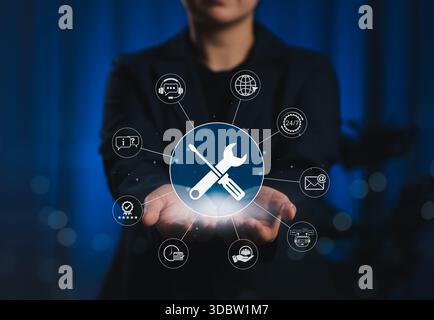 Technical Support and Customer Service Tools Concept. Icons representing tools and customer support services, technical assistance, chatbot, FAQ, Stock Photo