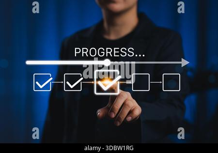 Checklist and task progress tracking concept. A person pointing at progress bar with checkmarks, task completion, productivity, workflow, goal setting Stock Photo