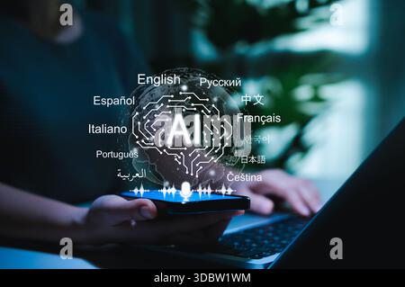 AI powered language translation technology. User using smartphone with AI multiple languages, artificial intelligence driven multilingual translation, Stock Photo