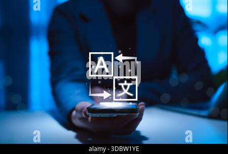 AI Language Translation Technology on Mobile Device. Person holding smartphone with icons representing multilingual translation, Stock Photo