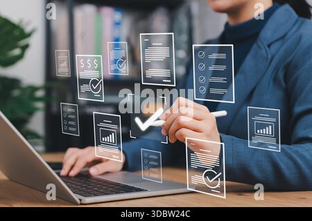 Digital Document Review and Approval Process Concept. Businesswoman approves and reviews with checkmark icons, workflow automation, quality control, Stock Photo