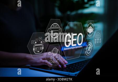 Generative Engine Optimization (GEO) concept with AI icons and chatbot interface, illustrating modern digital marketing and search engine strategies Stock Photo